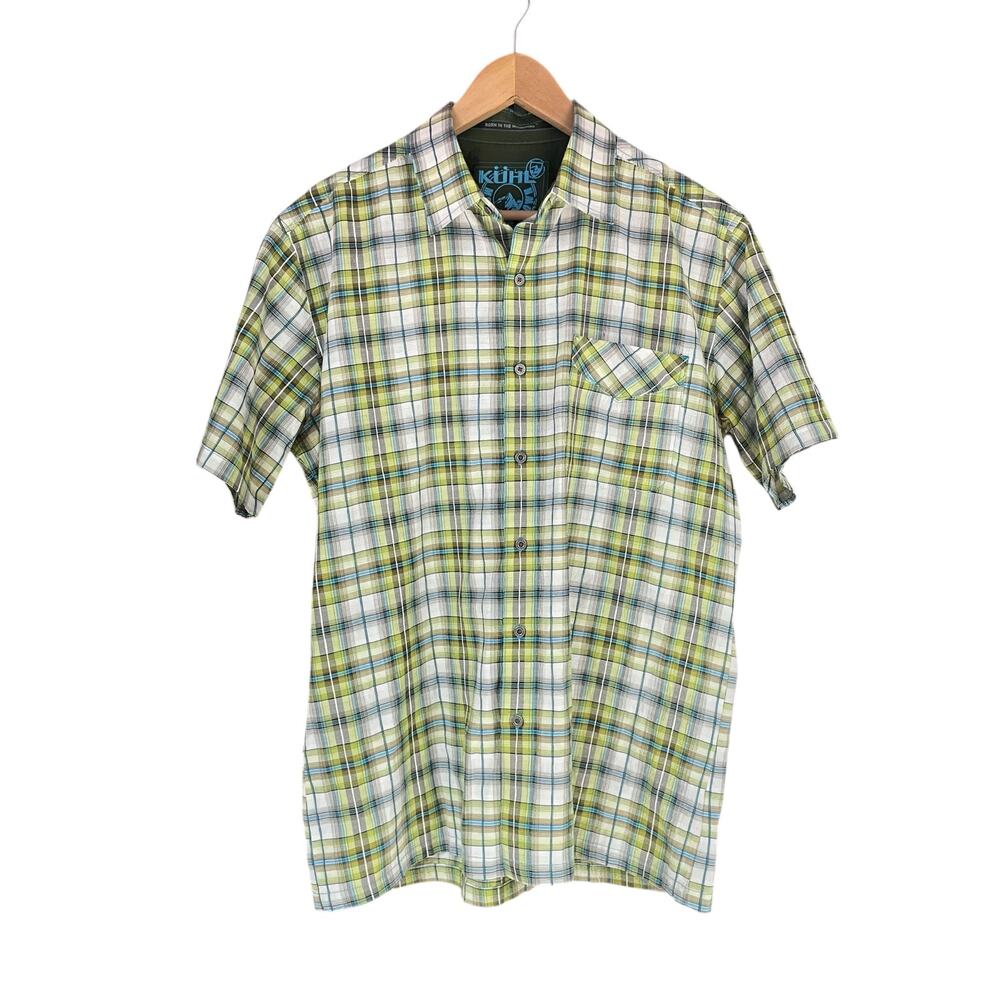 KUHL Short-Sleeve Button-Front Active Crossover Shirt in Blue/Green Plaid Size L